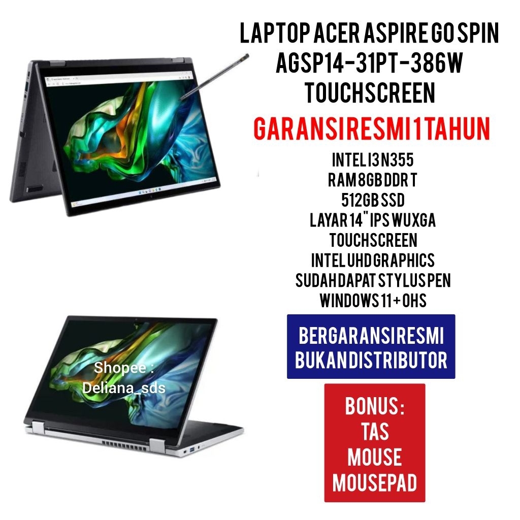 Laptop Acer Touchscreen AGSP14 31PT 386W Intel I3 N355 8GB/512GB 14" IPS WUXGA With Stylus Pen Garan