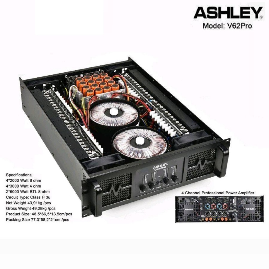 POWER AMPLIFIER ASHLEY V62PRO/ V62 PRO 4 CHANNEL CLASS H 3U ORIGINAL