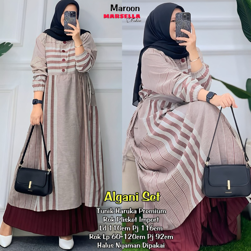 Algani Set Tunik Rok Plisket Motif Garis Premium Kekinian Trendy