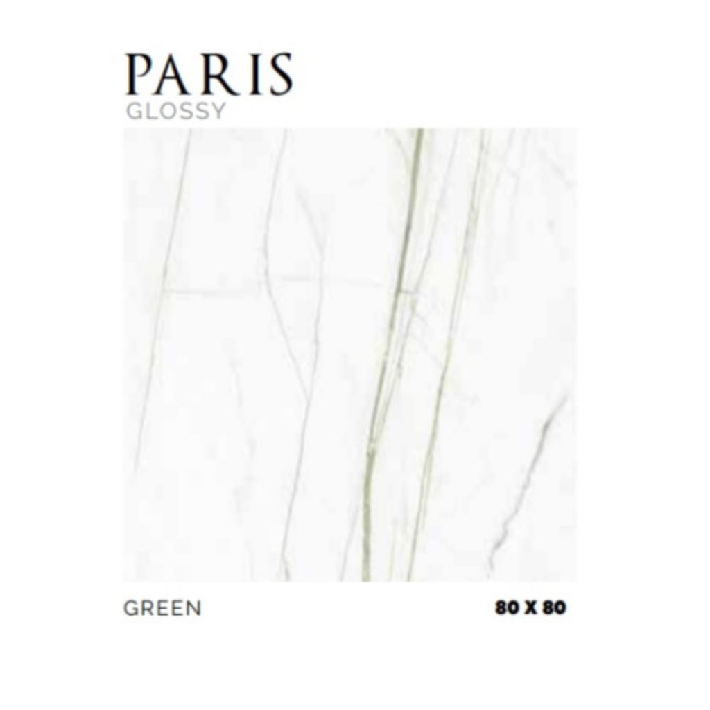 KERAMIK MERK PLATINUM TIPE PARIS GREEN UKURAN 80X80 WARNA LATAR PUTIH CORAK MOTIF WARNA HIJAU PERMUK