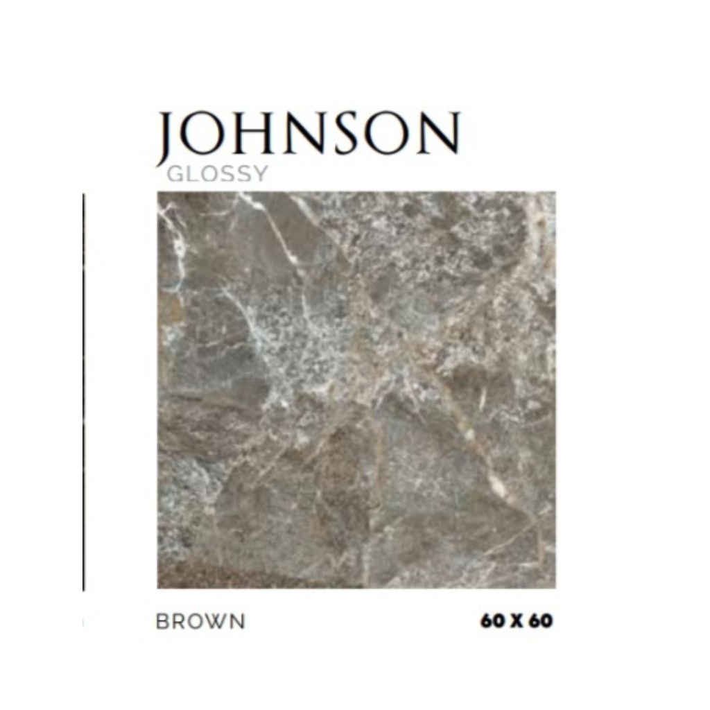 KERAMIK MERK PLATINUM TIPE JOHNSON BROWN UKURAN 60X60 WARNA COKLAT MARBLE PERMUKAAN TEKSTURE GLOSSY 