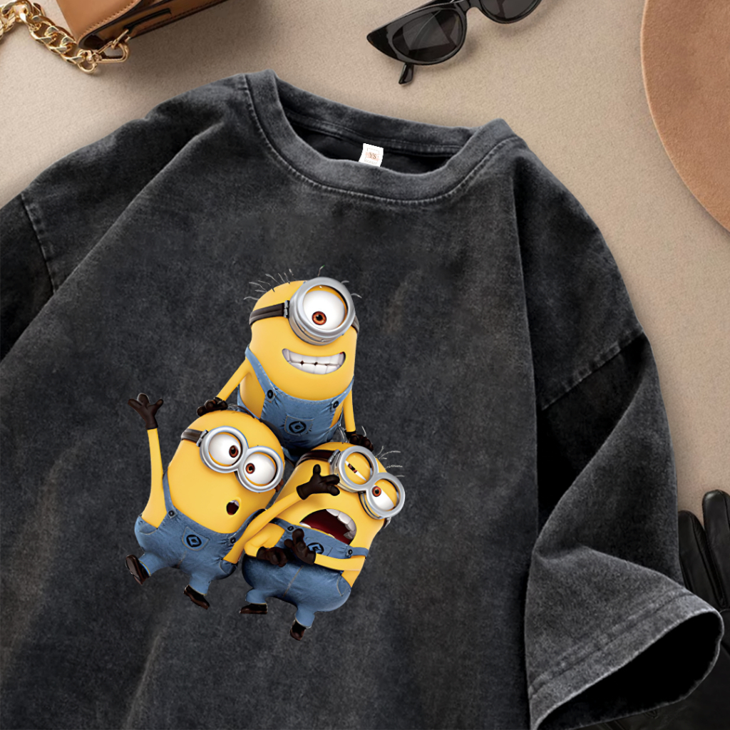Ysbuyershop Tshirt Kaos Lengan Pendek | Motif Minions | Kaos Oversize Warna Hitam Washed | 100% Cott