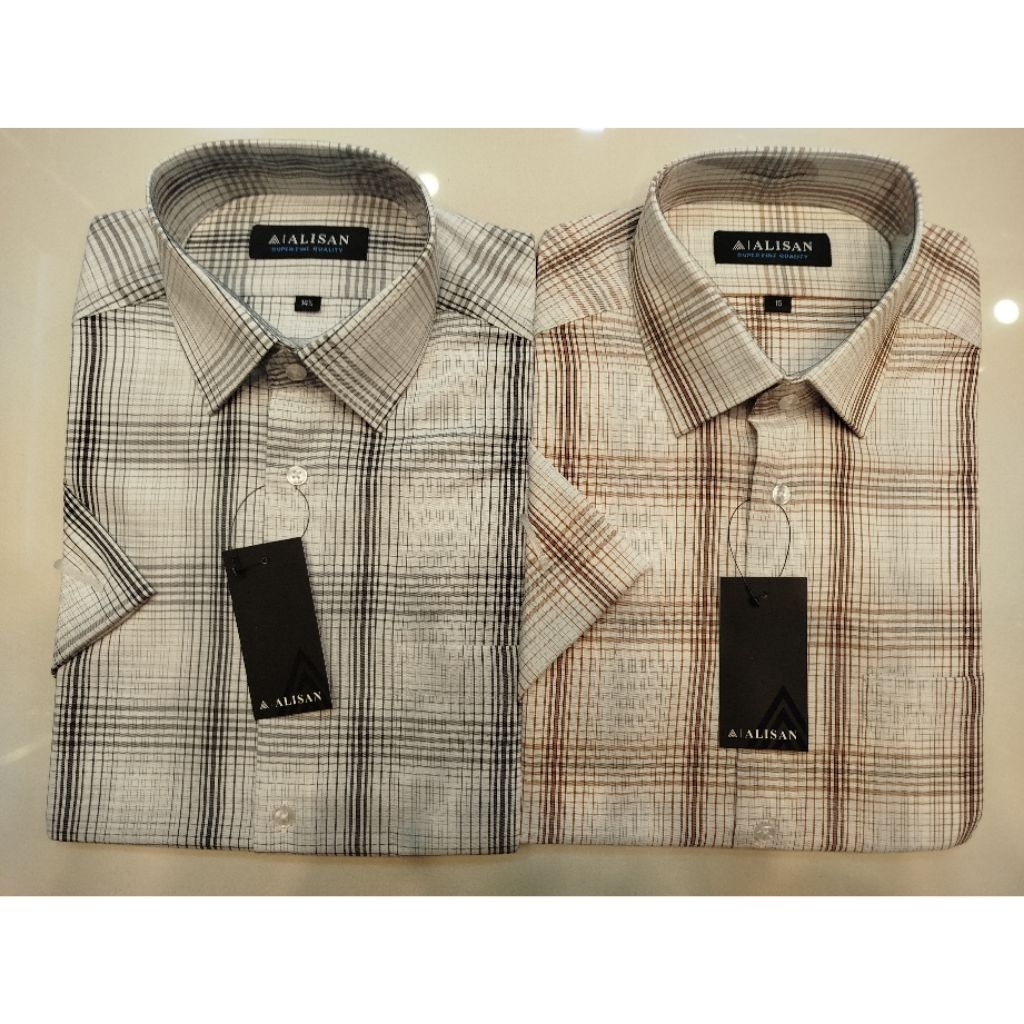 Alisan Kemeja Motif Kotak Salur Lengan Pendek Reguler