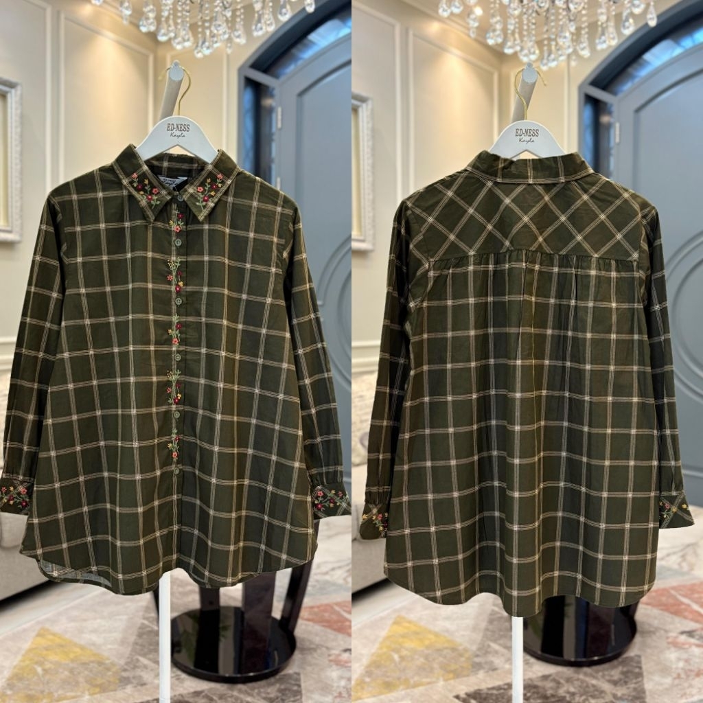 Kemeja Katun Jepang motif kotak mix sulam ori By Edness Kayla