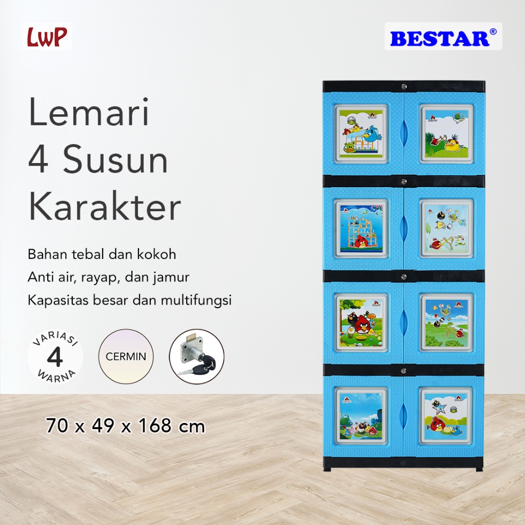 BESTAR Lemari Susun 4 Pakaian Anak Karakter Jumbo Kunci Cermin