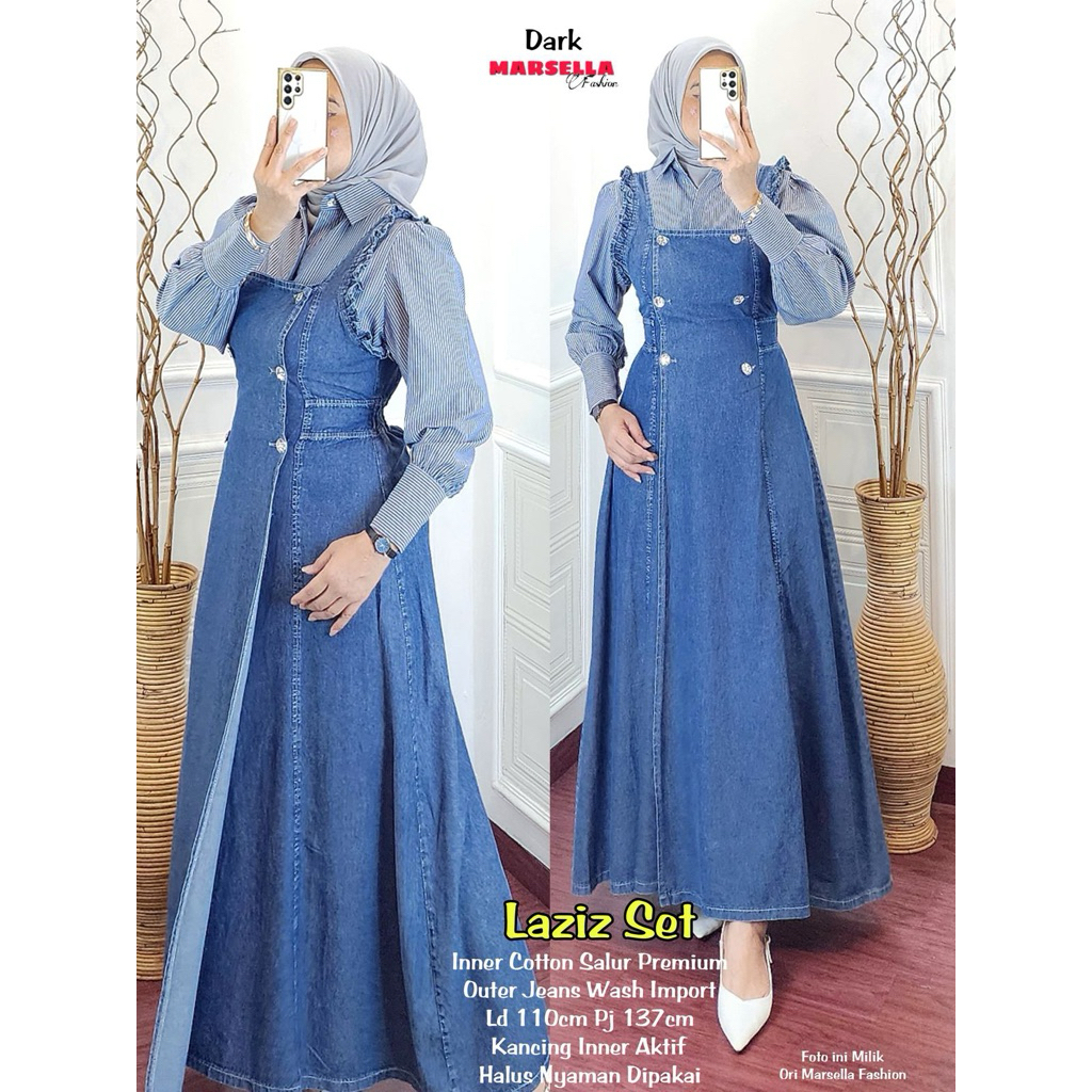 Laziz Set Deep Blue Gamis Overall Jeans Remaja | Outer Jeans & Inner Kemeja Salur Premium