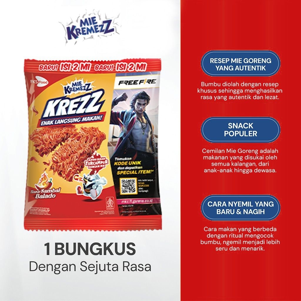 

Mie Kremezz Krezz - Sambal Balado- 1 karton (6 renceng) - 11pcs - 30gr
