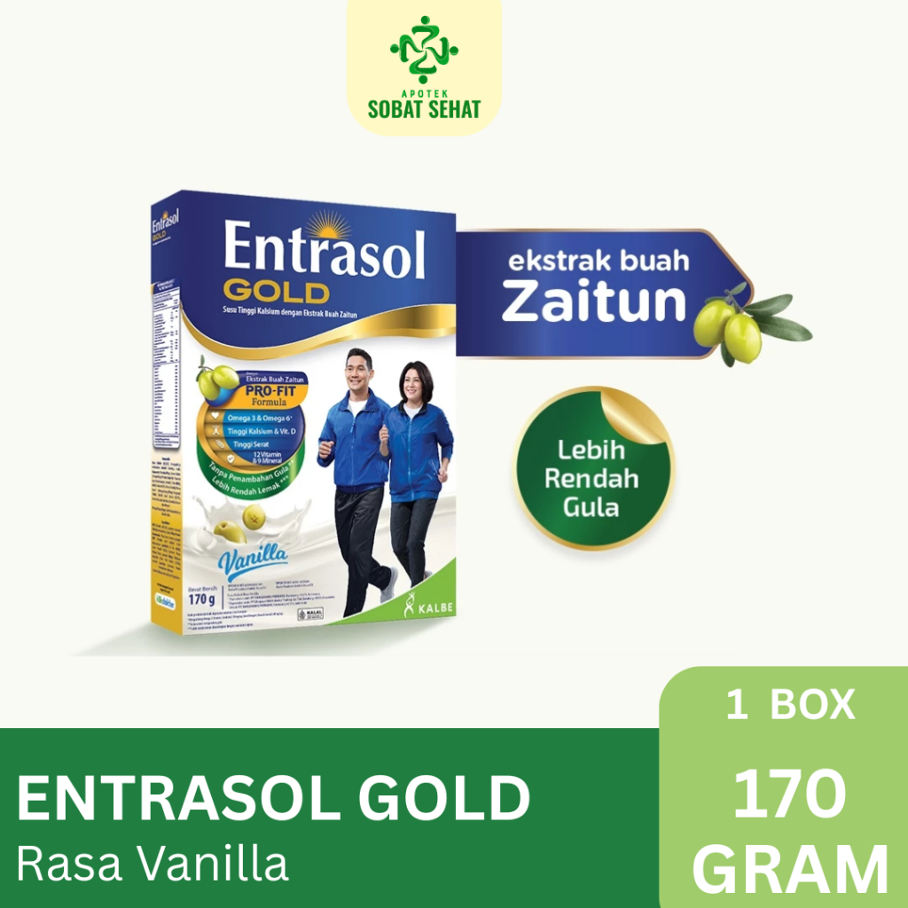 

Entrasol Gold Susu Untuk Orang Tua Rasa Vanila 170gram - Susu dengan tinggi Kalsium dengan extra buah zaitun