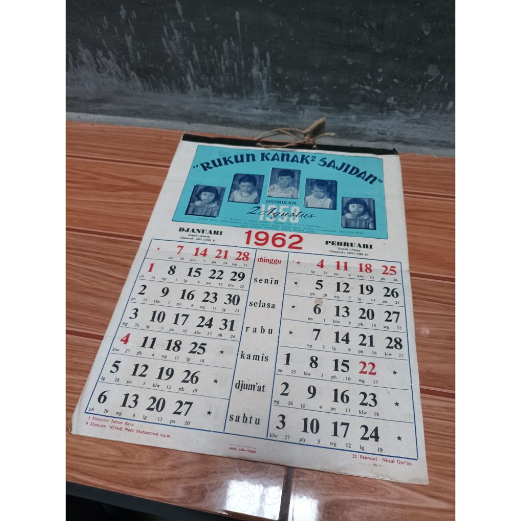 

Kalender Lawas Tahun 1962 Rukun Kanak2 Sajidan Jogja