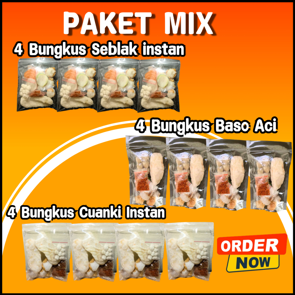 

Paket Mix 12 Pcs , 4 Baso Aci 4 Seblak 4 Cuanki Instan
