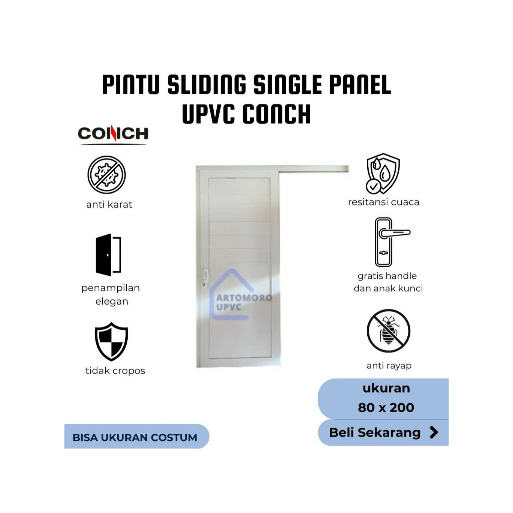 Pintu Premium Sliding 1 Daun UPVC Conch Full Panel Putih