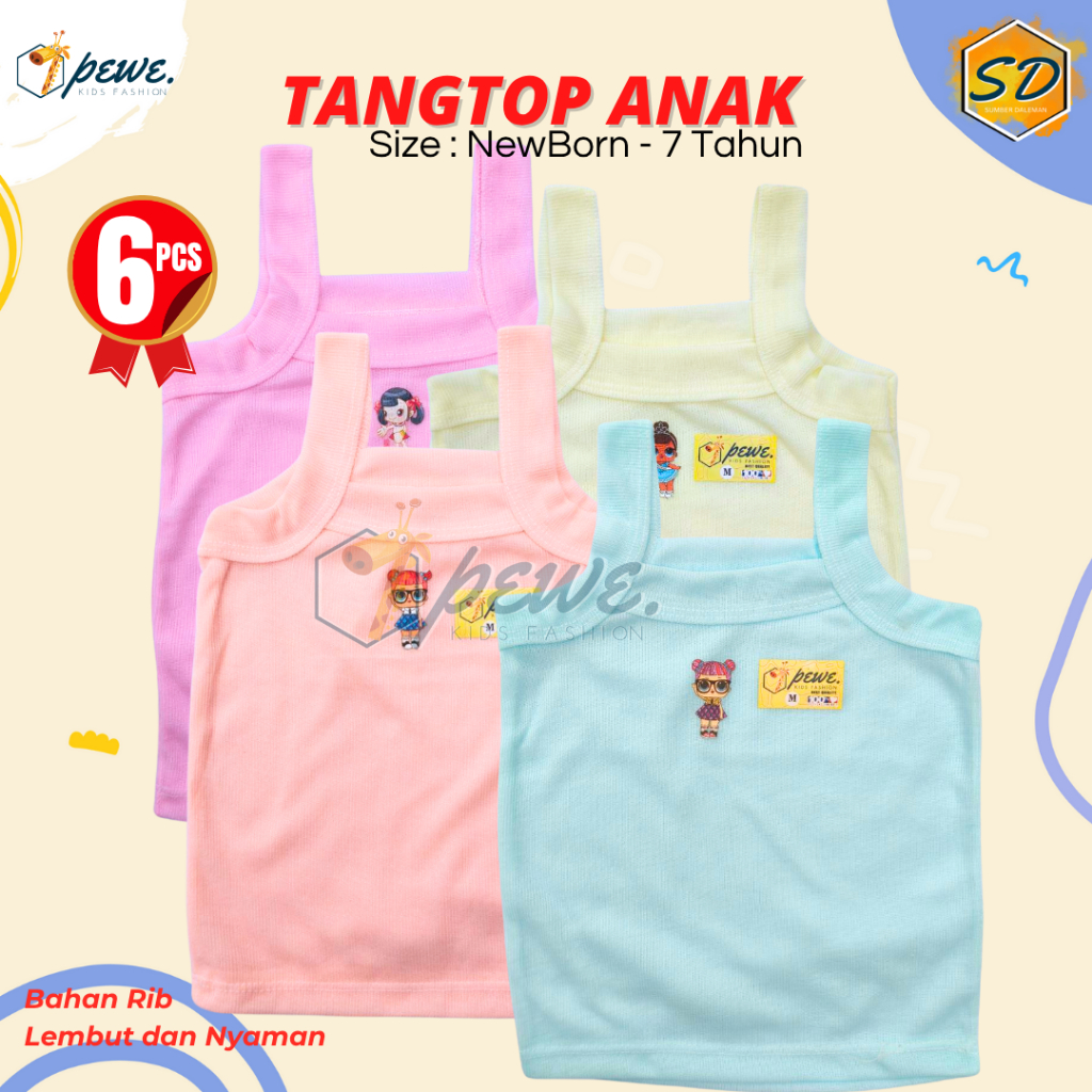 6 Pcs singlet anak perempuan karakter / singlet anak perempuan warna warni umur 3-4 tahun / tengtop 
