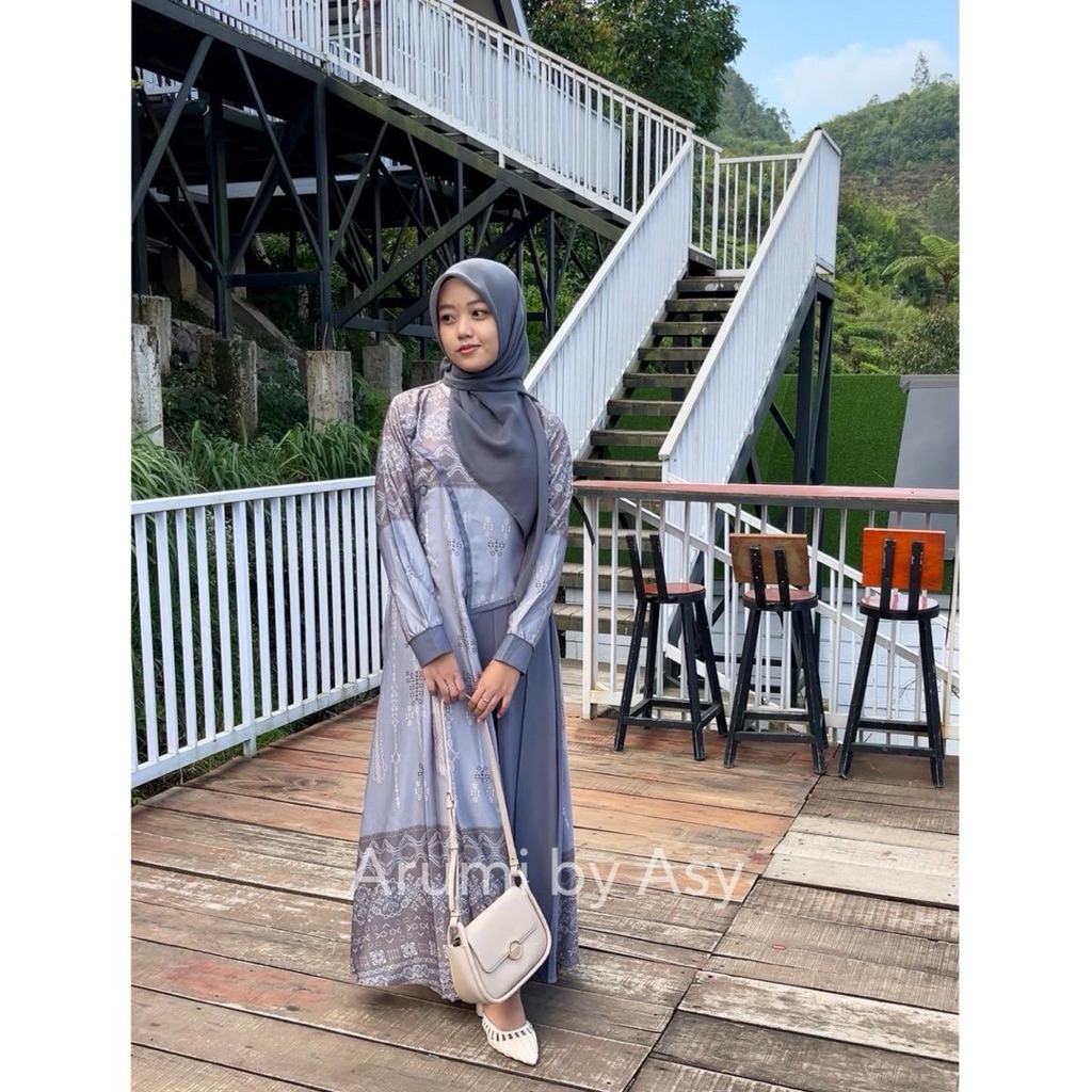 SHEREN DRESS - Arumi by Asy - DRESS WANITA GAMIS MUSLIM MOTIF KOMBINASI POLOS BAHAN MAXMARA LUX DAN 