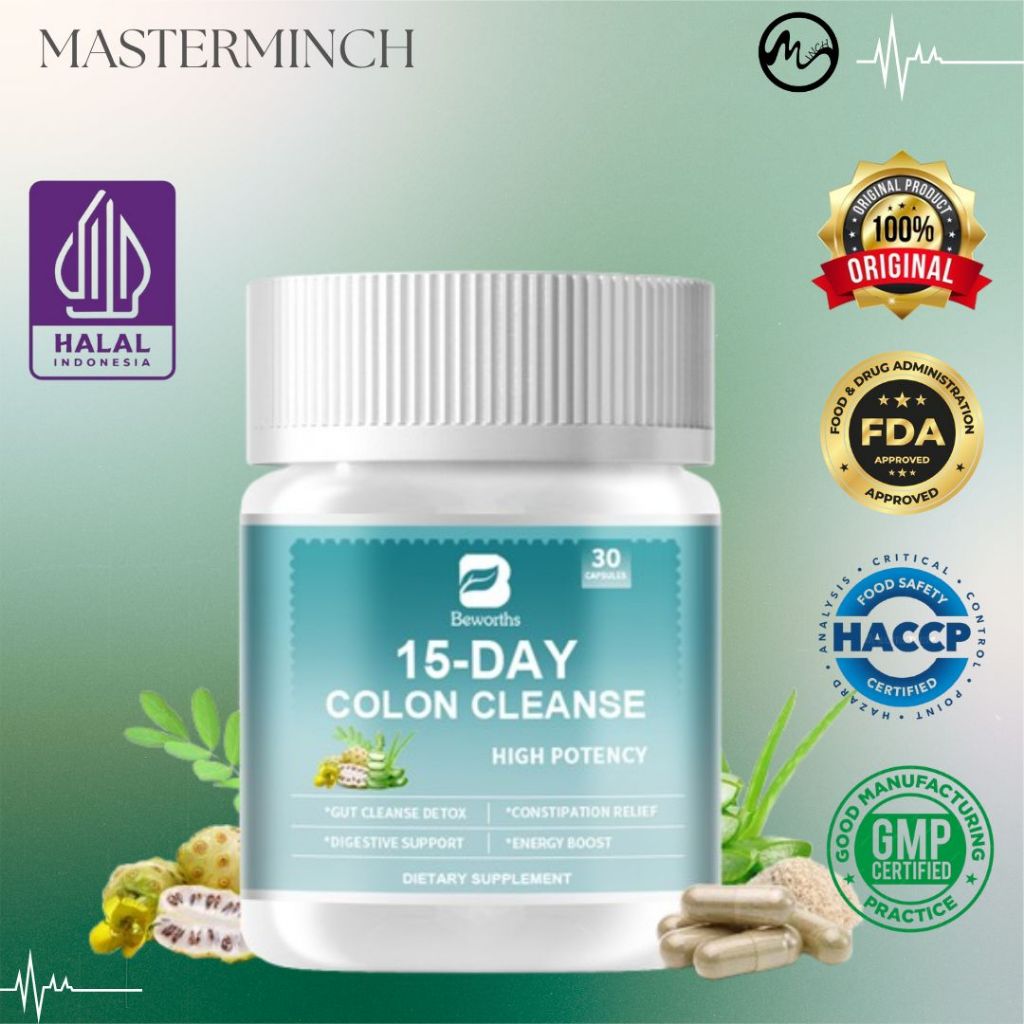 BEWORTHS 15 Hari Kapsul Pembersihan Usus Besar dengan Psyllium Husk Senna Daun Lidah Buaya Mengkudu