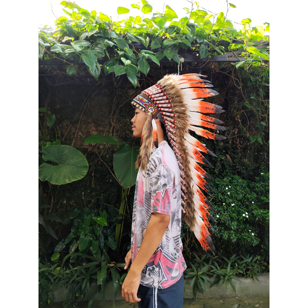 TOPI INDIAN - INDIAN HEADDRESS MEDIUM ANGSA MONTE MERAH TUTUL PUTIH