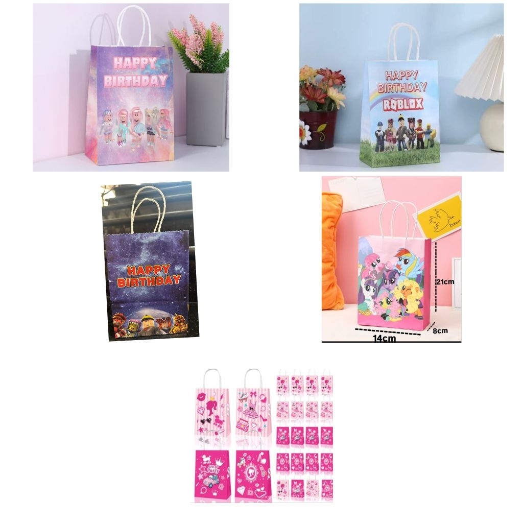 

PAPER BAG GODDIE BAG TAS KADO HADIAH PESTA ULANG TAHUN BANYAK MOTIF ROBLOX DAN LAIN2 UK.14cmX8cmX21cm