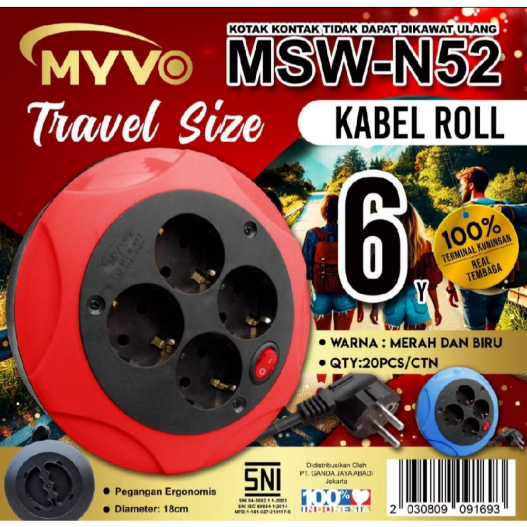 Mutiaradstore Kabel Roll Listrik 4 Lubang + Saklar Terminal Box Colokan Kuningan Panjang 6Yard Sni