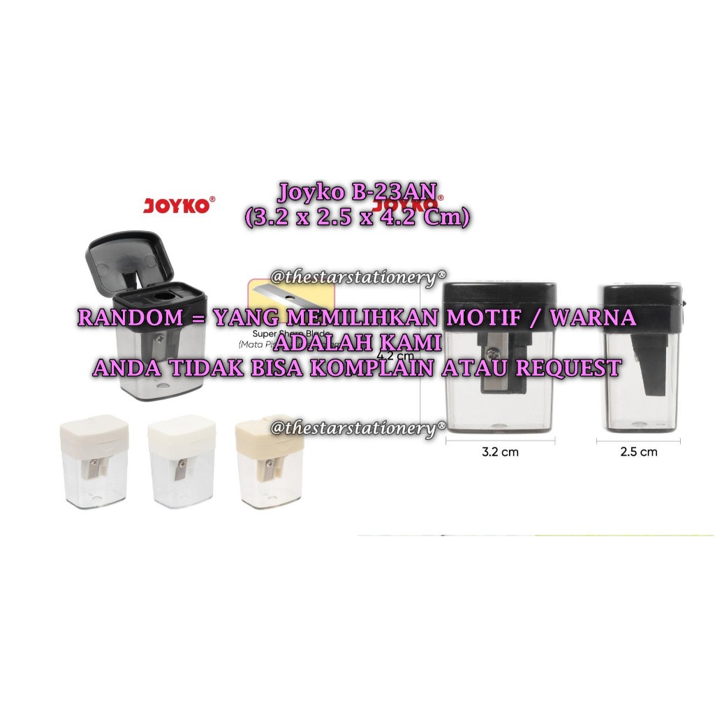 

(1 Biji) GROSIR Rautan Tabung JOYKO B-23AN / Rautan Serutan Sharpener Joyko B-23AN RANDOM (1 Biji)