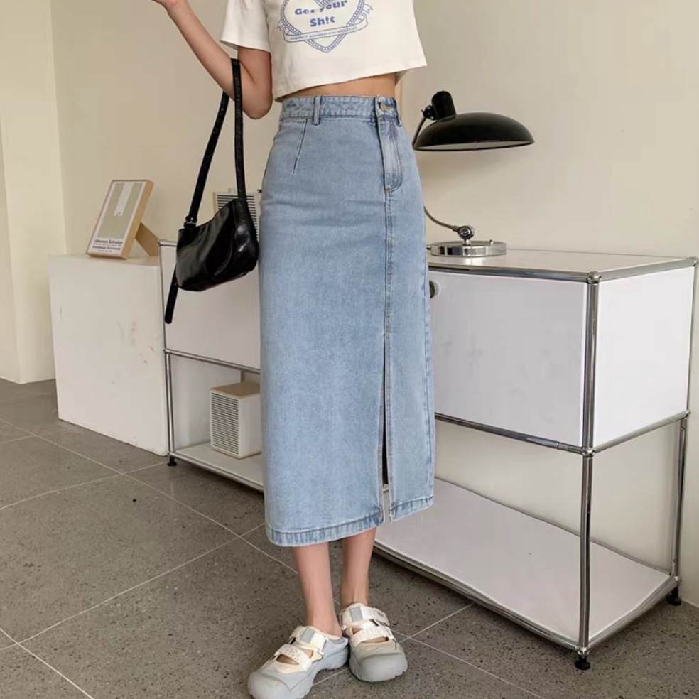 KODE E38B lybhstore Rok dres aline skirt Rok panjang denim aline skirt Korean style midi slit SkirtR