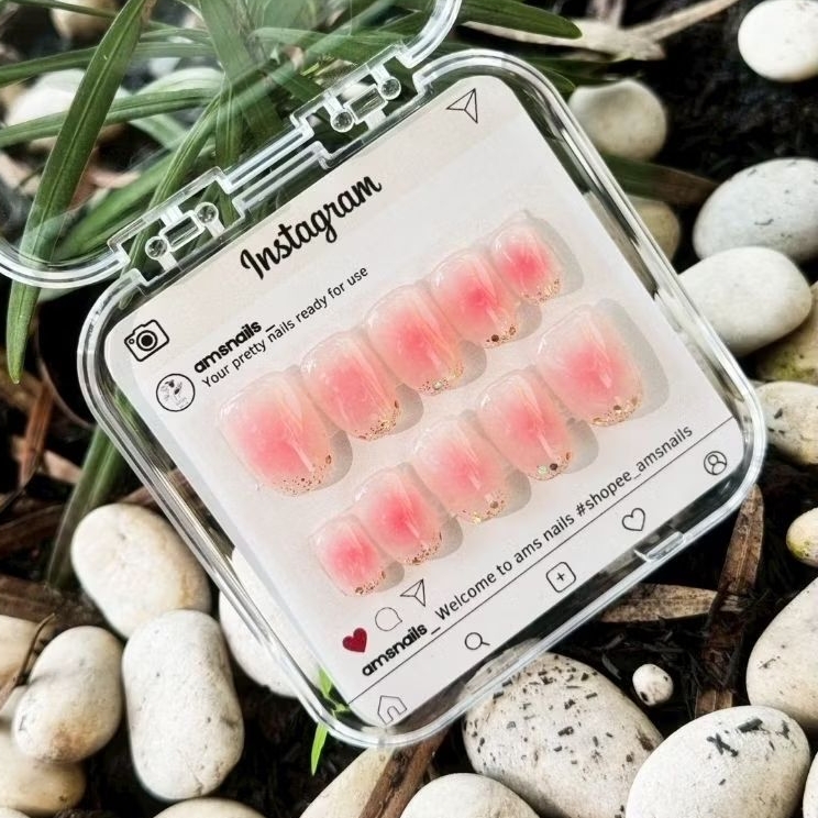 Press On Nails Pink Blush with Glitter | Kuku Palsu by Amsnails