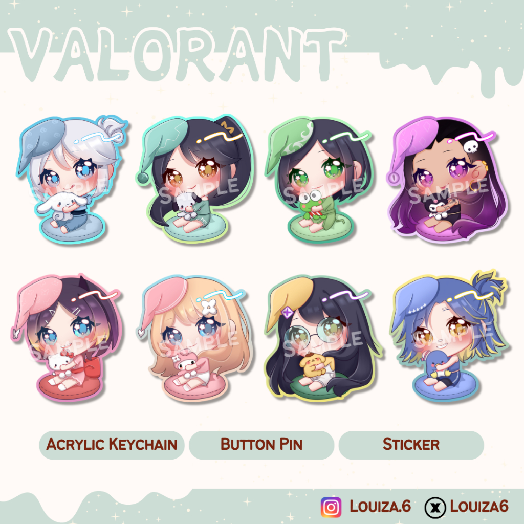Valorant Fan-Merch Acrylic Keychain, Glitter Pin Button, dan Glitter Sticker