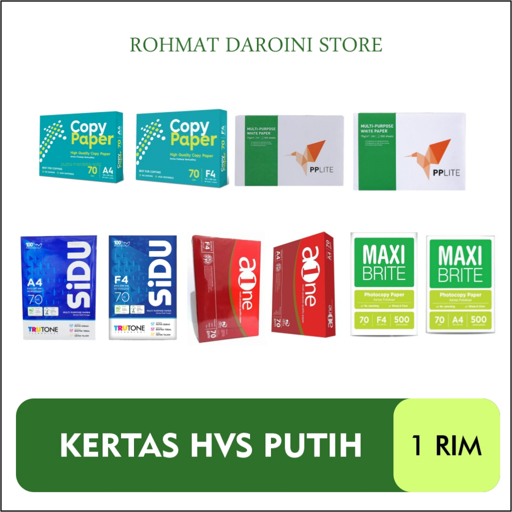 

KERTAS HVS A4 F4 70-75 GSM PER-RIM | COPYPAPER | SIDU | AONE | PPLITE | MAXI BRITE