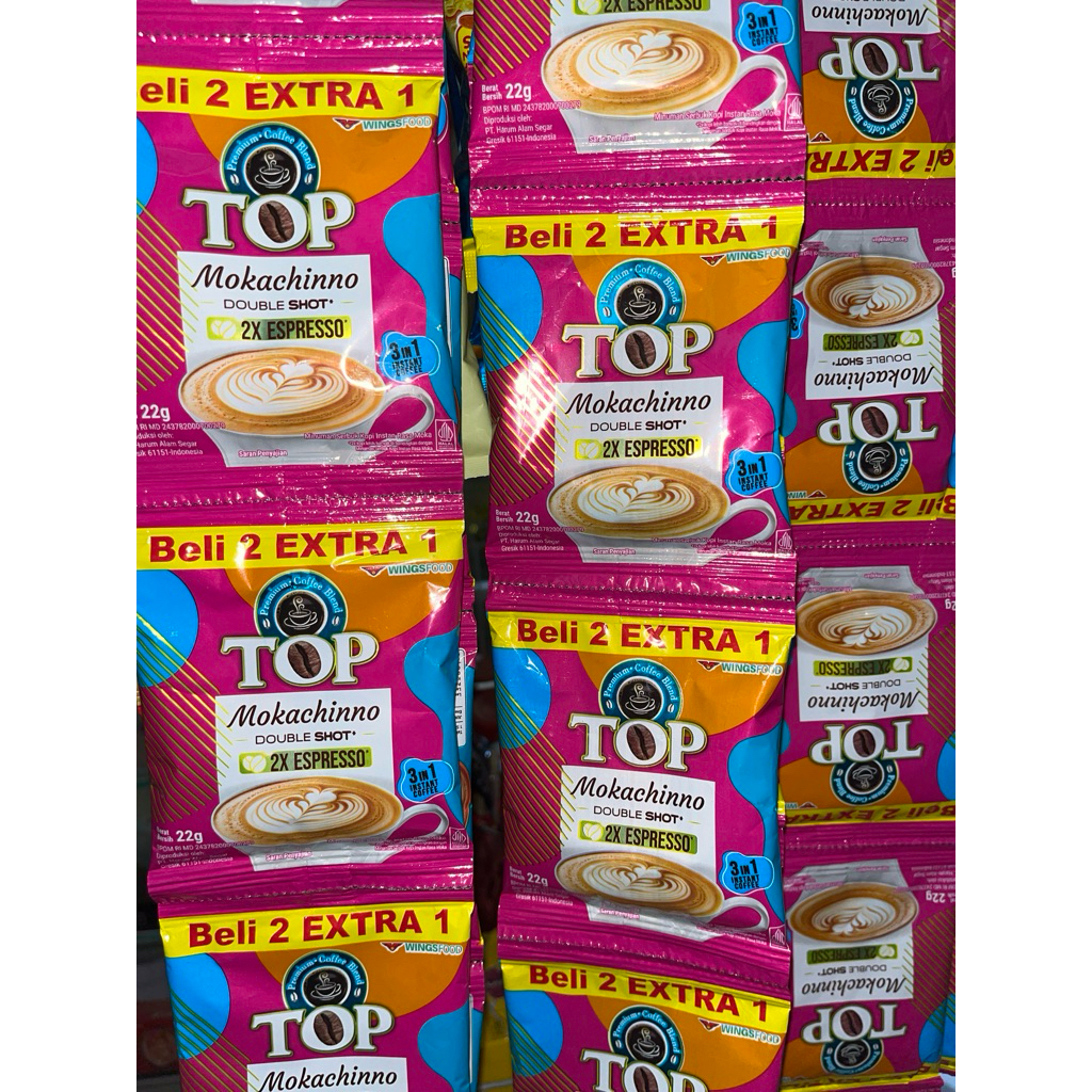 

Top coffee mokachinno renceng 22gr x 15 sachet extra double shot / pembelian 2renceng free gelas cantik