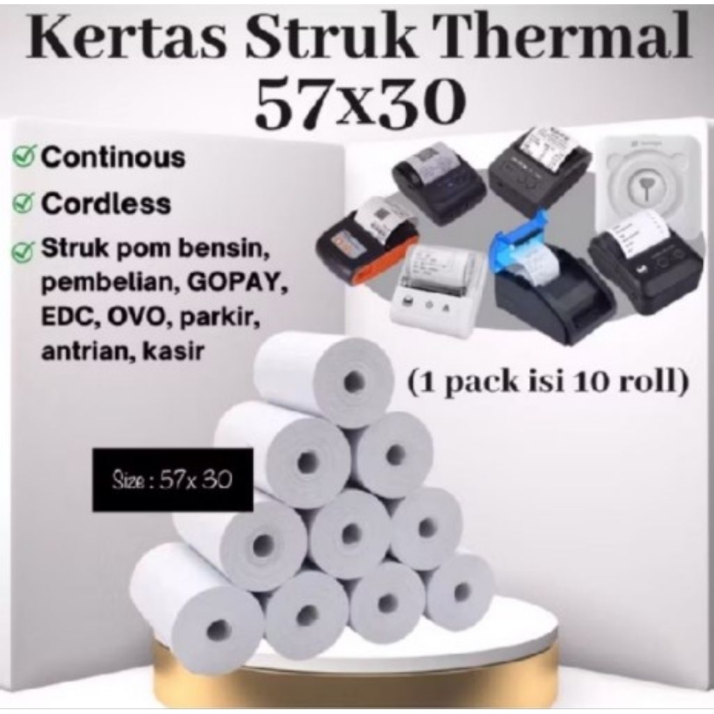

Kertas thermal struk kasir 58mm/57x30mm paket 10 roll