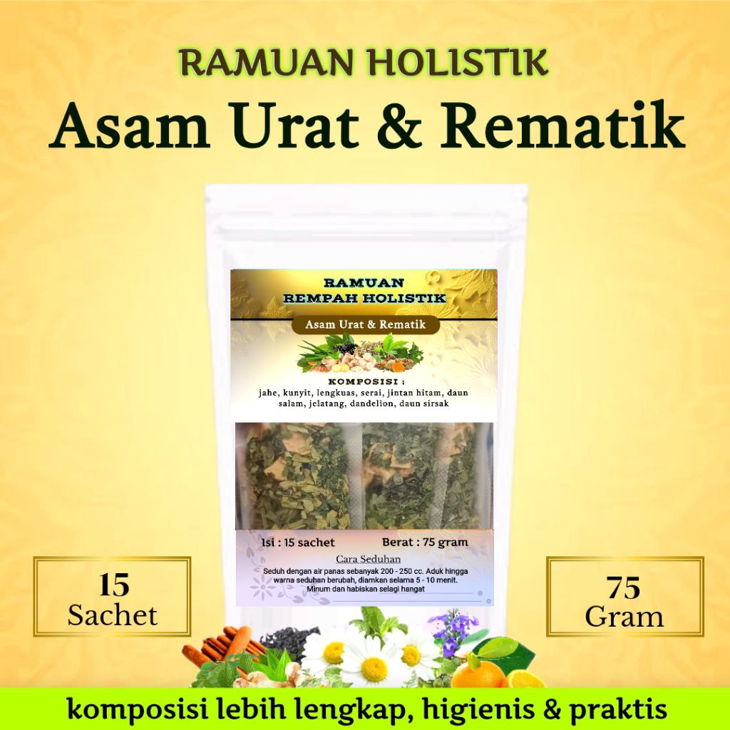 

ASAM URAT & REMATIK Ramuan Holistik : Jelatang, daun salam, daun sirsak, dandelion, jintan hitam dll
