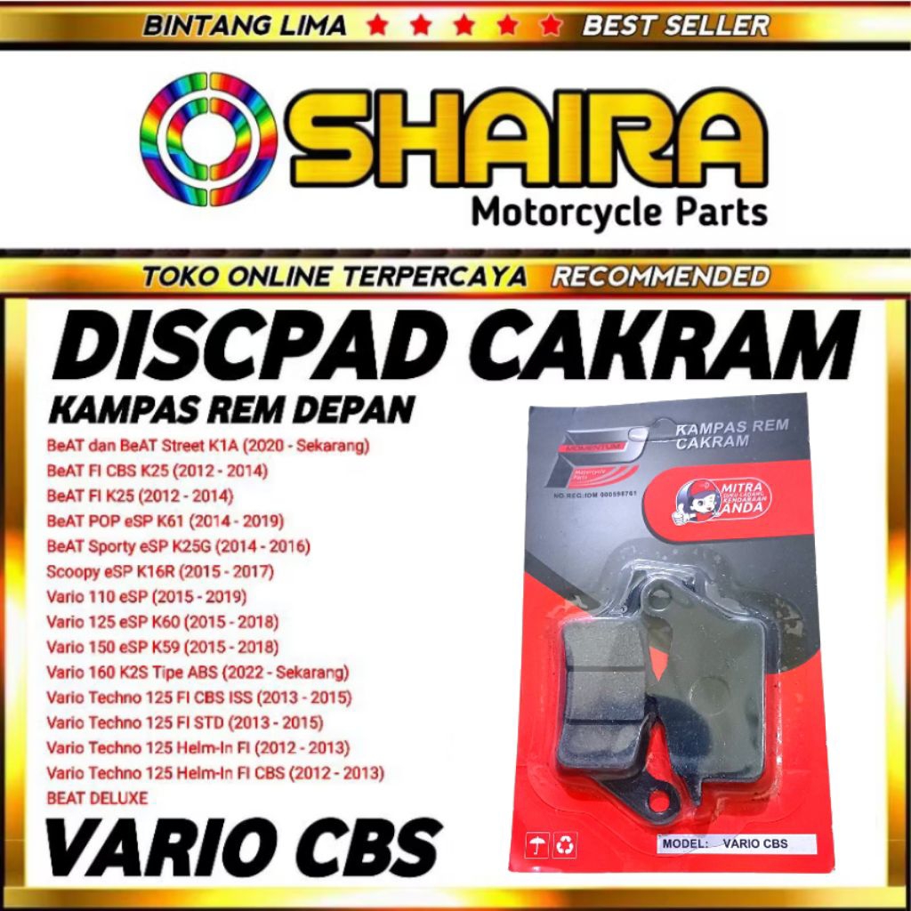 DISCPAD DEPAN VARIO CBS 125/KAMPAS REM DEPAN VARIO CBS 110/BEAT FI/SCOOPY/SPACY/KAMPAS DEPAN BEAT FI