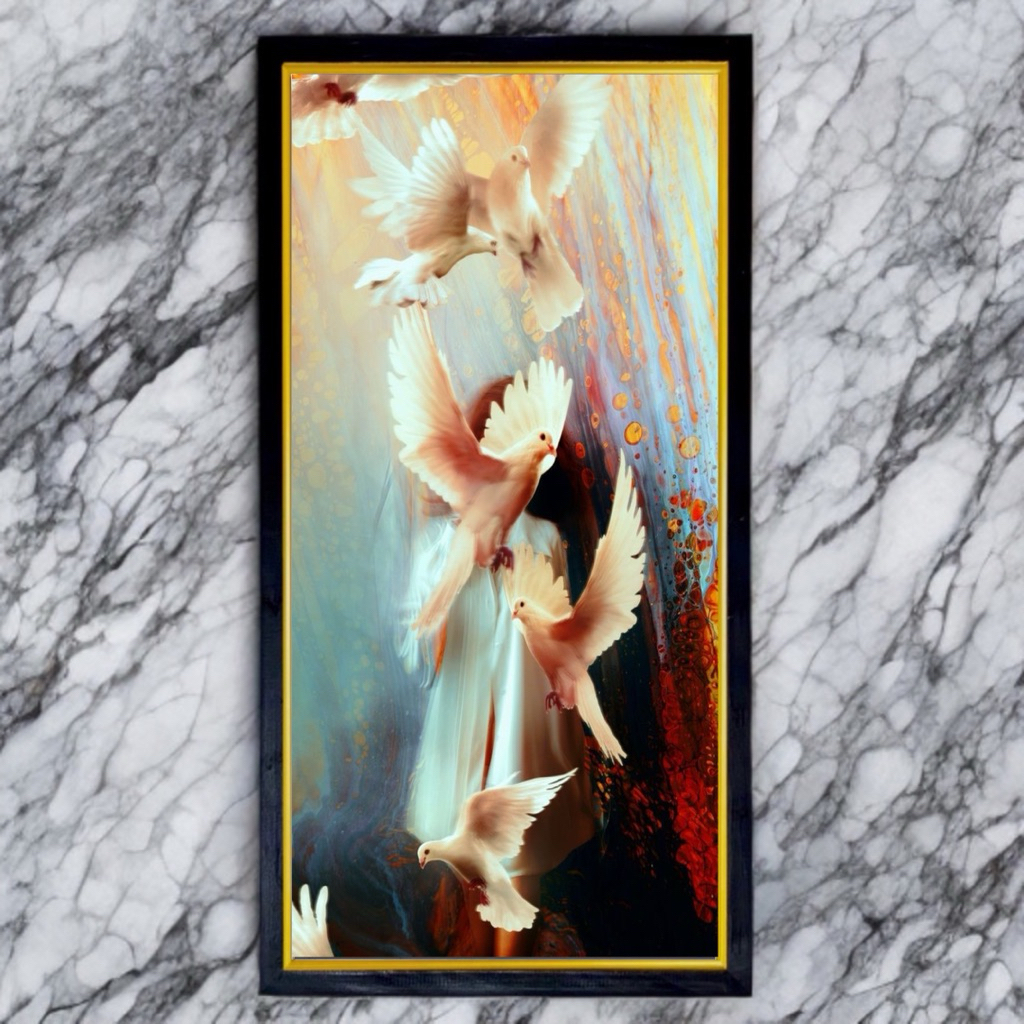 hiasan dinding lukisan cetak gambar 5 burung merpati simpel plus bingkai ukuran 100 x 50 cm