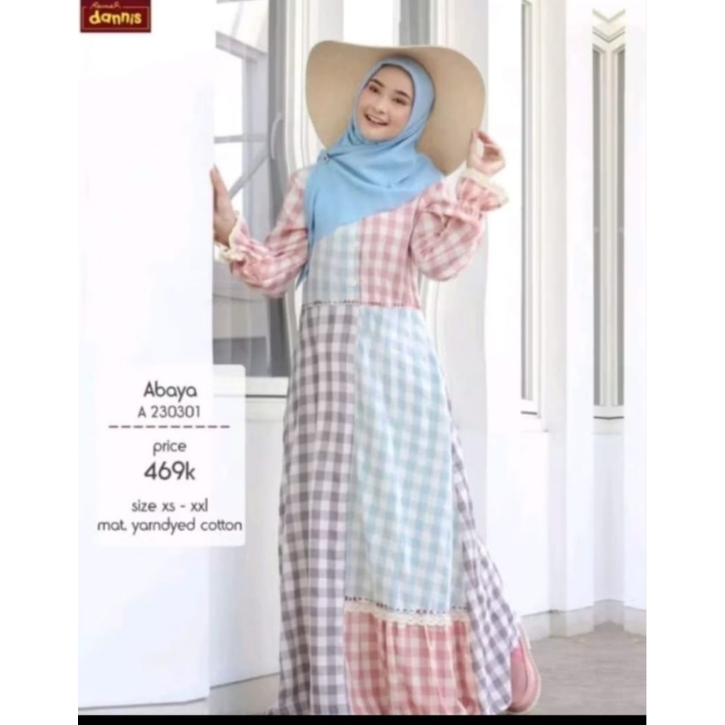 abaya dewasa dannis,UK.S.M,L,motif kotak,warna cream,promo