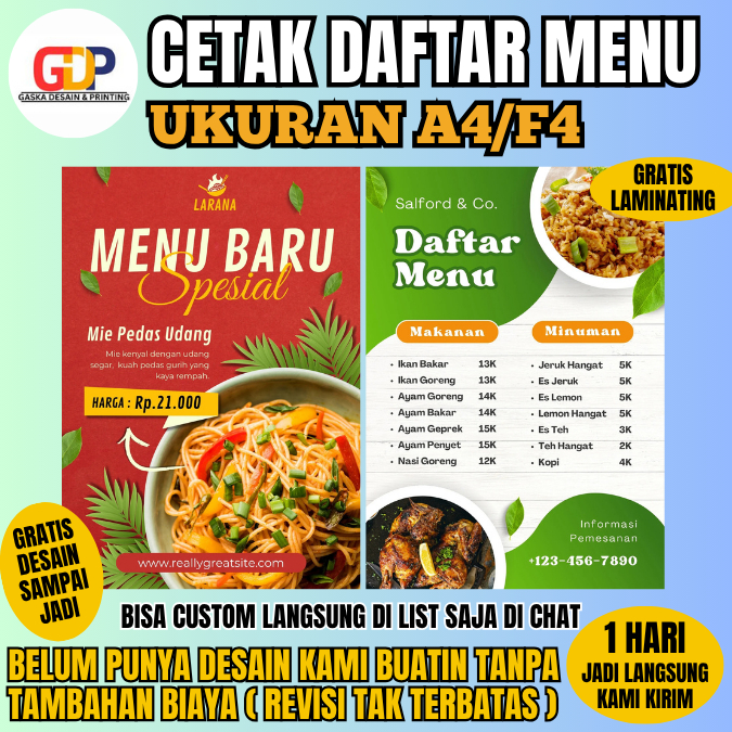 

Cetak Daftar Menu Custom A4 isi 1 lembar – Desain Bebas & Gratis Laminating