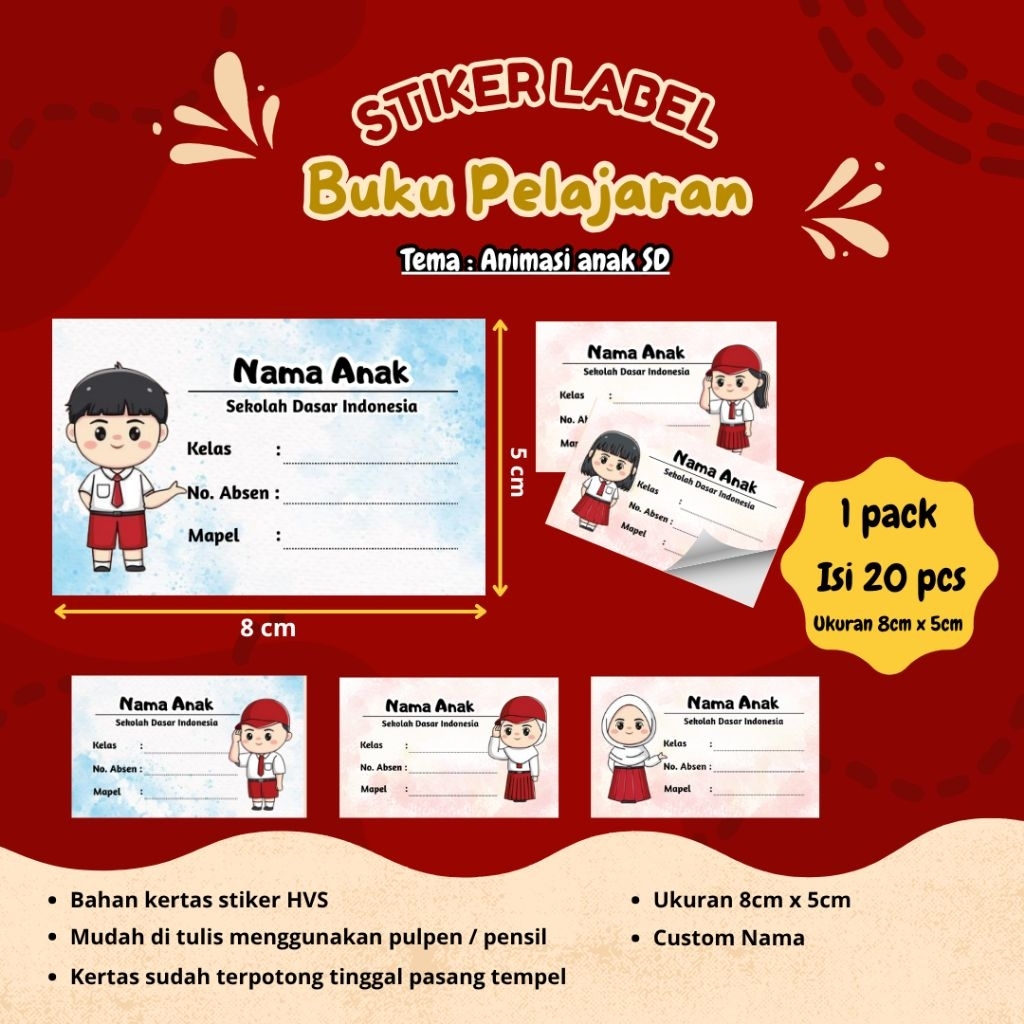 

STIKER LABEL BUKU PELAJARAN 1 pack ( isi 20 pcs ) CUSTOM NAMA ANAK, SEKOLAH, KELAS, MAPEL