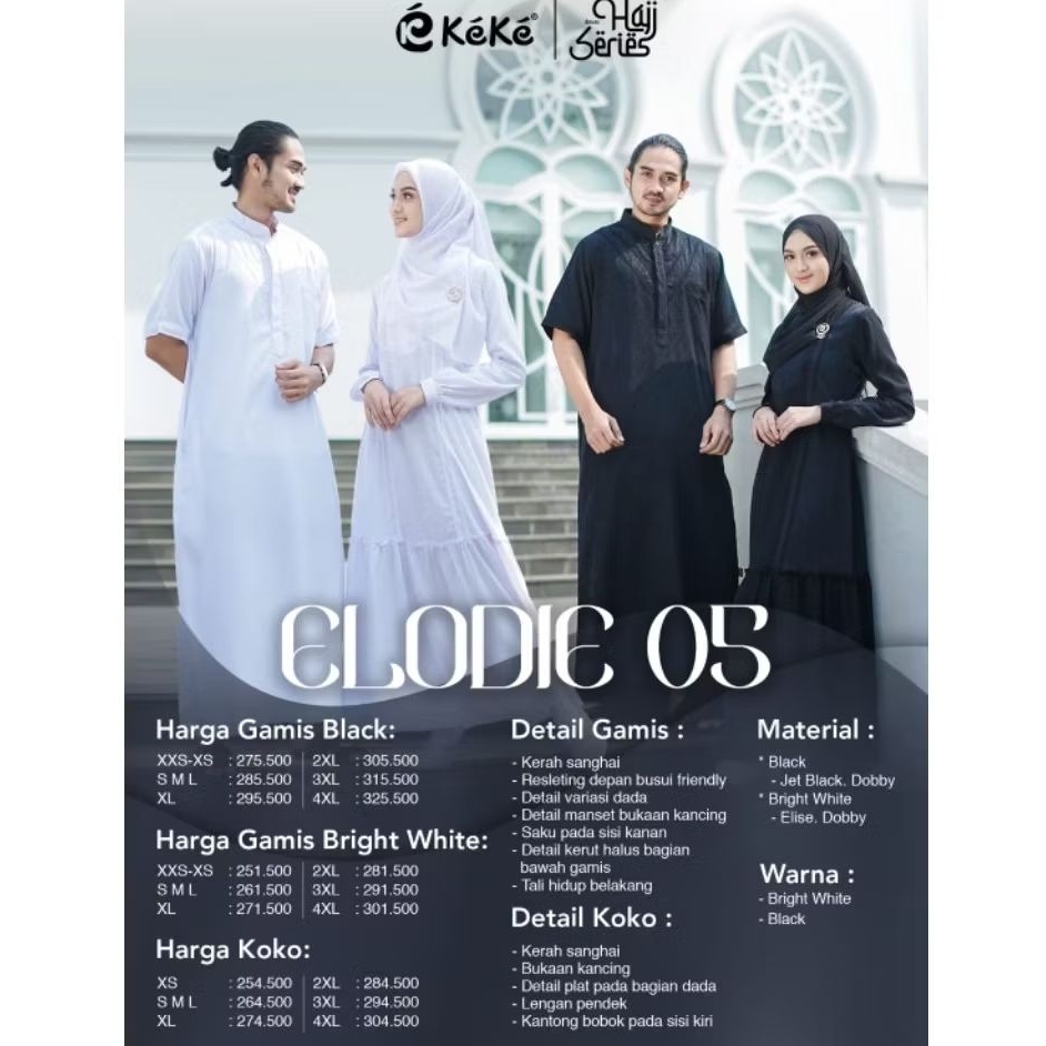 READY STOK ELODIE 05 - GAMIS PUTIH KEKE DAN JUBAH KEKE PUTIH - COUPLE KEKE HITAM GAMIS DAN JUBAH HIT