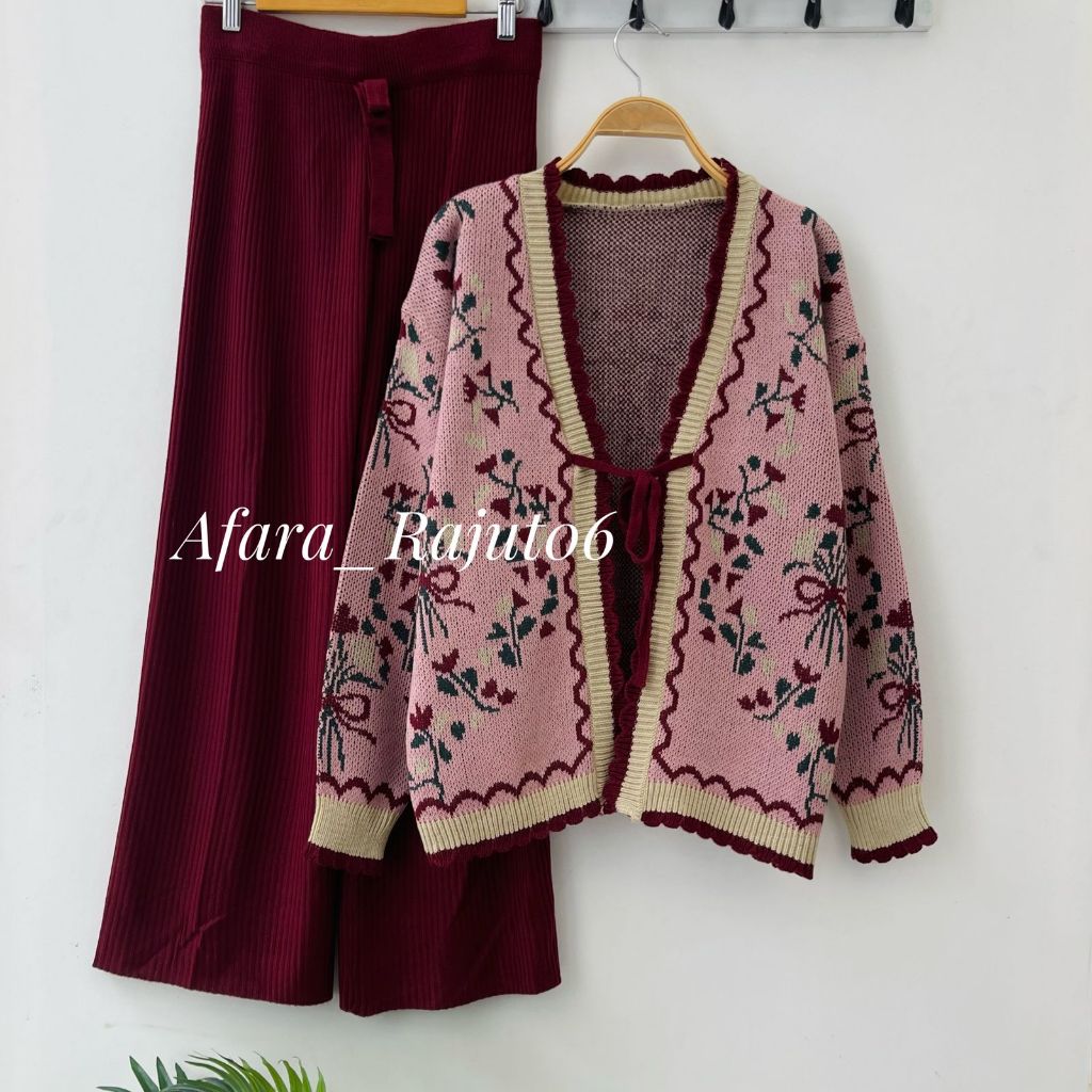 Oneset Eelweis Cardigan Rajut Motif Tali Pita Bunga Setelan Celana Kulot Premium Wanita Lengan Panja
