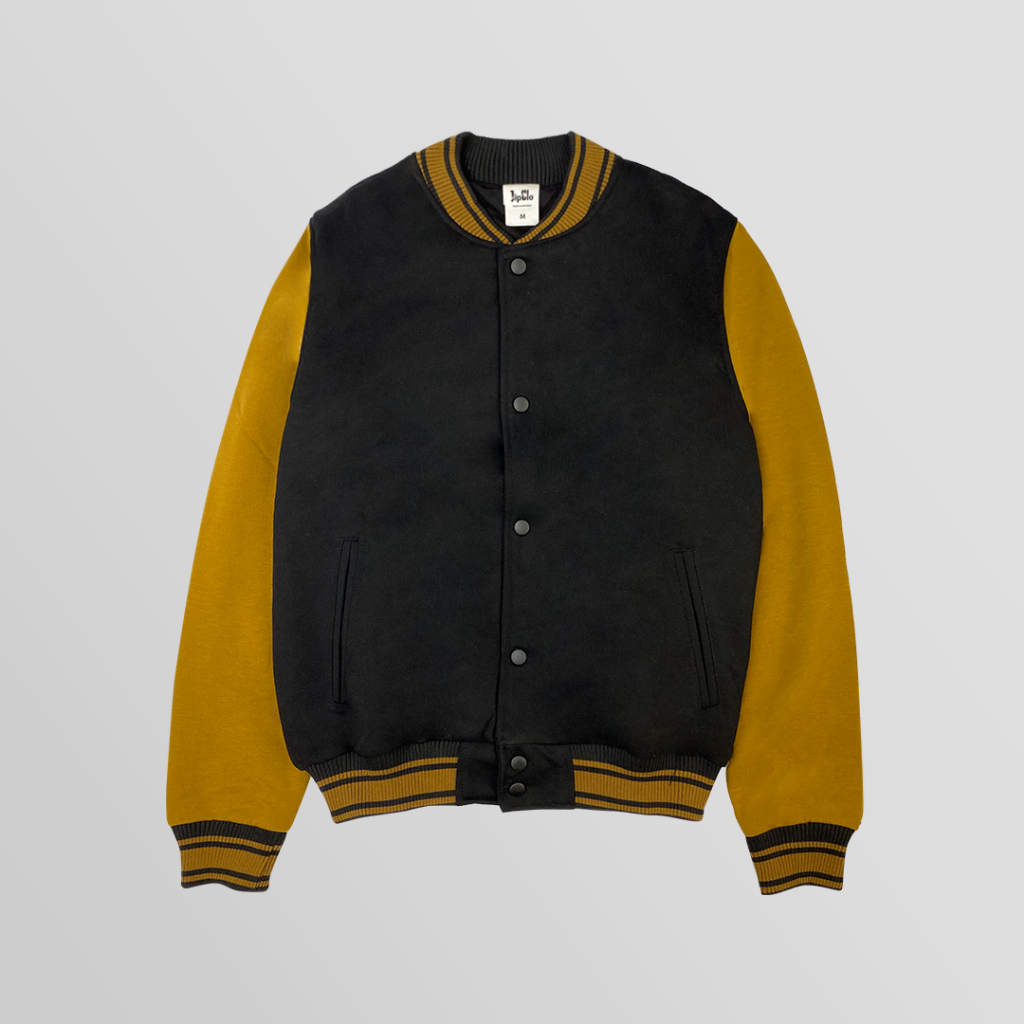 JipClo Jaket Varsity Baseball Unisex Pria Wanita Black Camel