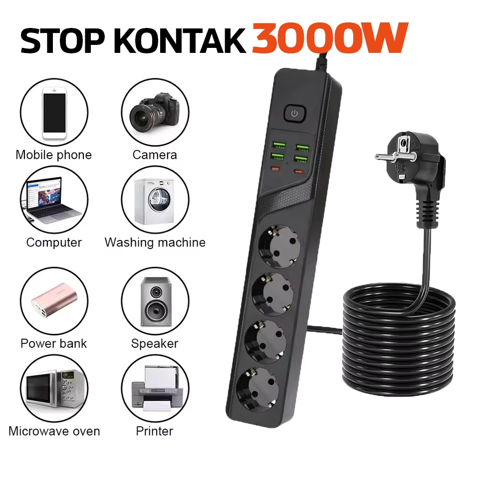 3000W Stop Kontak Colokan Listrik USB Tipe C Charger Lubang Terminal Saklar On Off