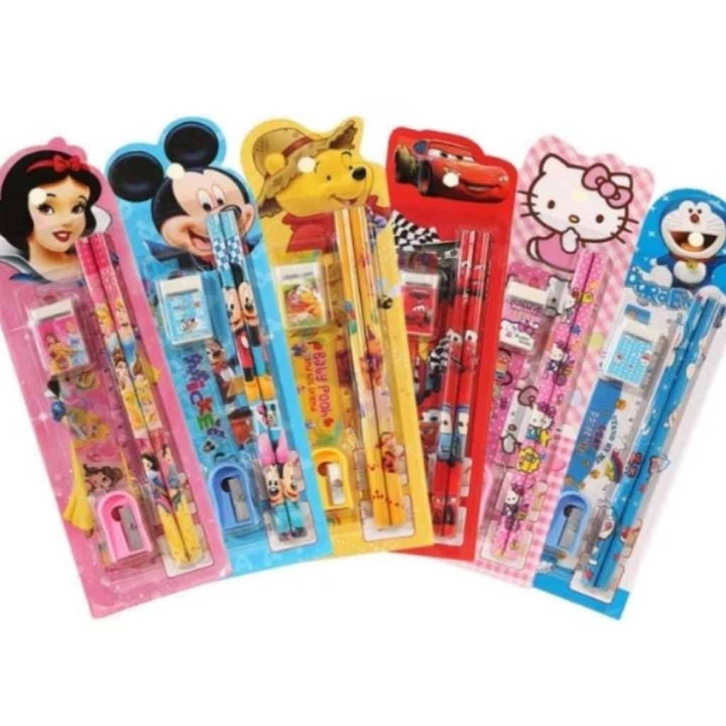 

Stationery Set 5 in 1 Alat Tulis Paket Anak Sekolah Penghapus penggaris Pensil Serutan Karakter Lucu