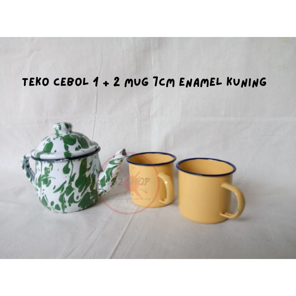 Set Teko Cebol Enamel Blirik 600ml + 2 Mug 7cm Polos kuning – Estetik Jadul