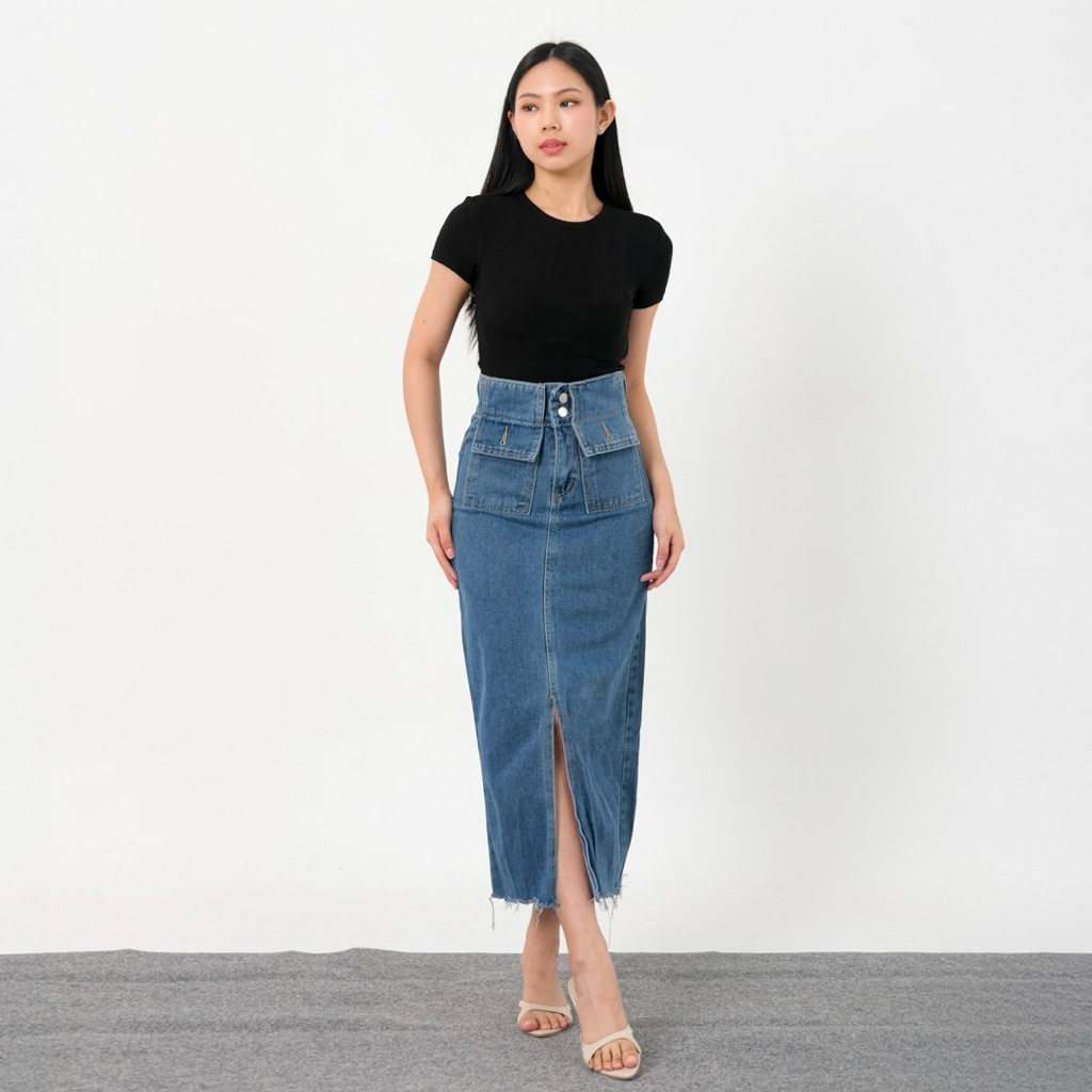 De [LUXE.DLABEL] - 255 SKIRT Rok Jeans Highwaist Wanita Jeans Wanita Polos Ripped Jeans Highwaist