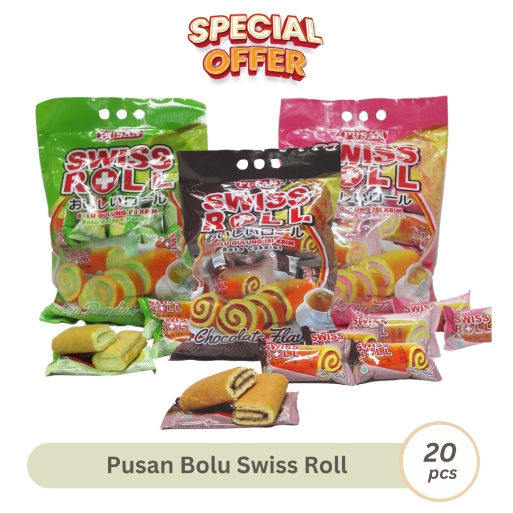 

Snack Kue Bolu Gulung Krim / Keik Pusan Swiss Roll Strawberry, Mocha, Coklat, Brikek Blackforest, Keju, Vanilla Bersalut Coklat, Muffin Cupcake Pandan isi 20 pcs