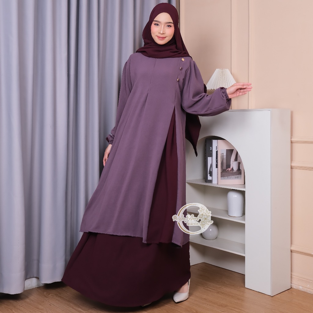 Set Abaya Khadijah Malay Tunik Syari - One Set Tunik Jumbo + Rok + Pashmina Syar'i Busui Muslim Wani