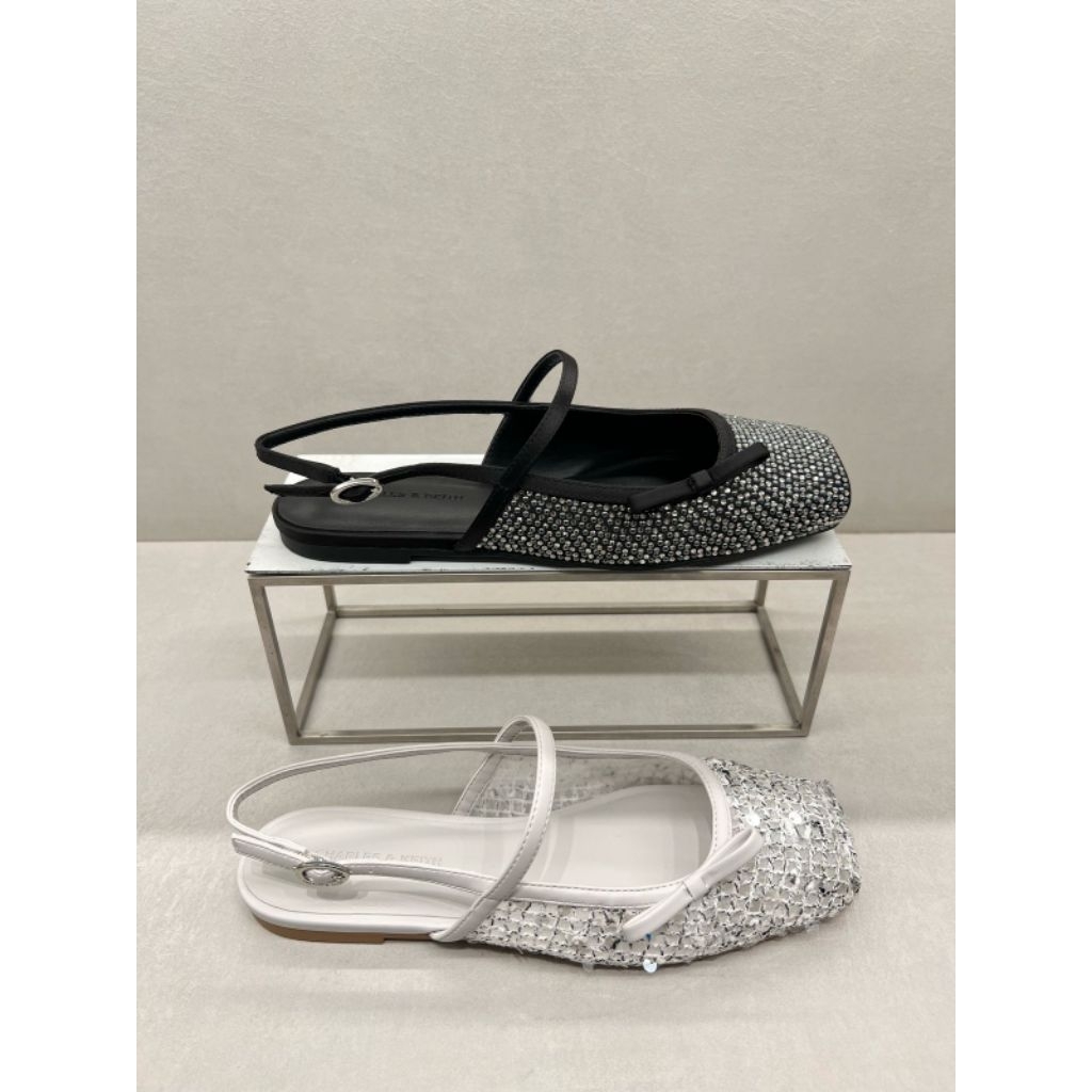 #1-70381120-2 Sequinned Bow - Jast[p] CK ORIGINAL COUNTER MESH SLINGBACK MARY JANE FLAT FLATSHOES BL