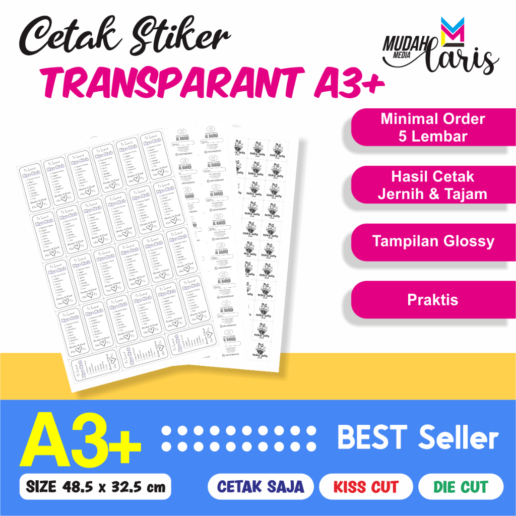 

Cetak Sticker Transparan A3+, Cetak Kiss Cut Stiker Label Transparant