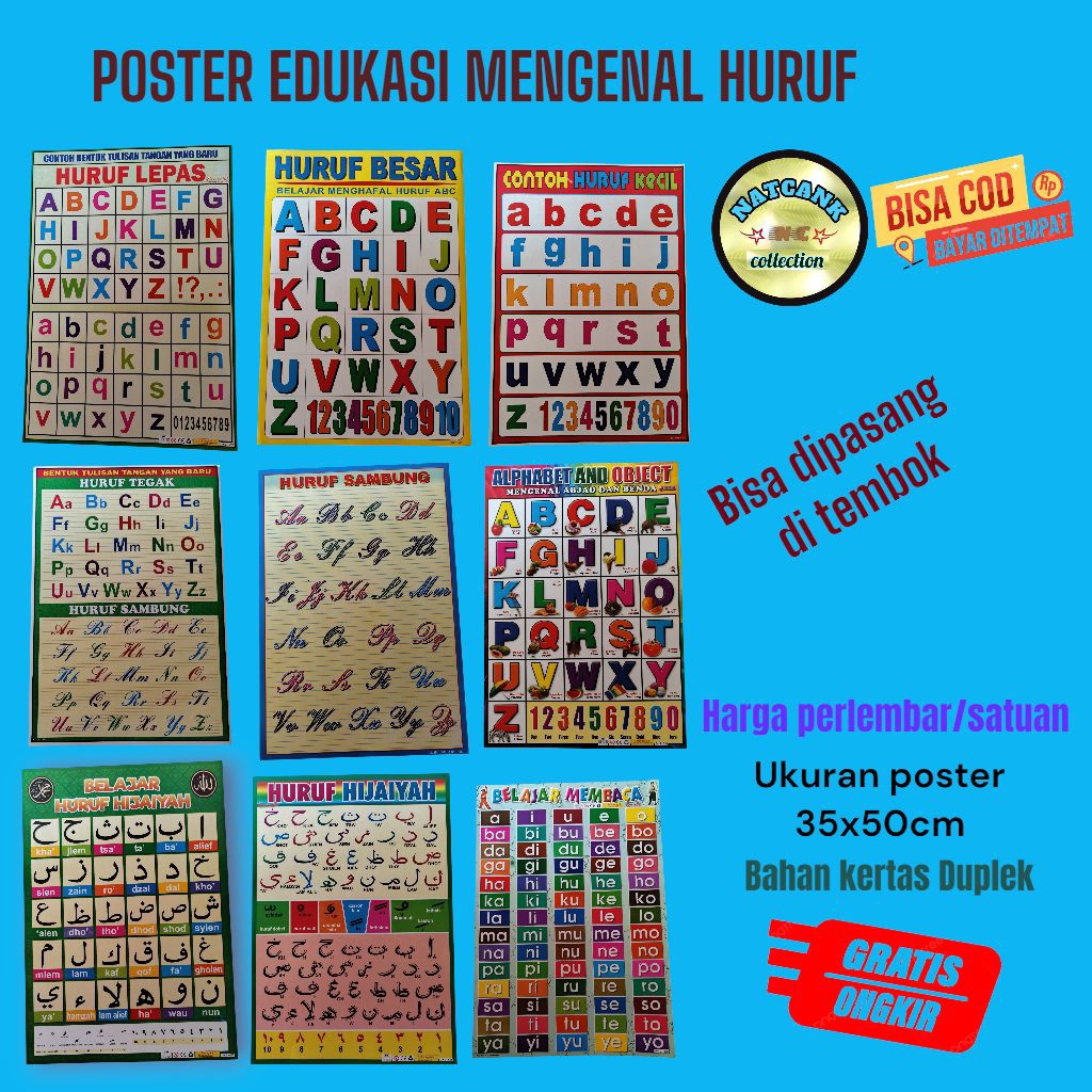poster edukasi pengenalan macam huruf abjad,arab,latin, dll