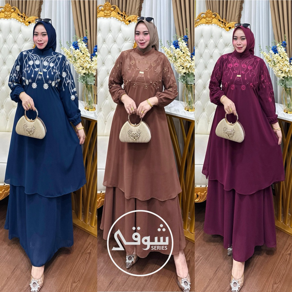 SYAUQI.SERIES - Setelan Rok Melayu Gamis Malaysia Bahan Ceruty Babydoll Bordir Aksen Payet Mutiara