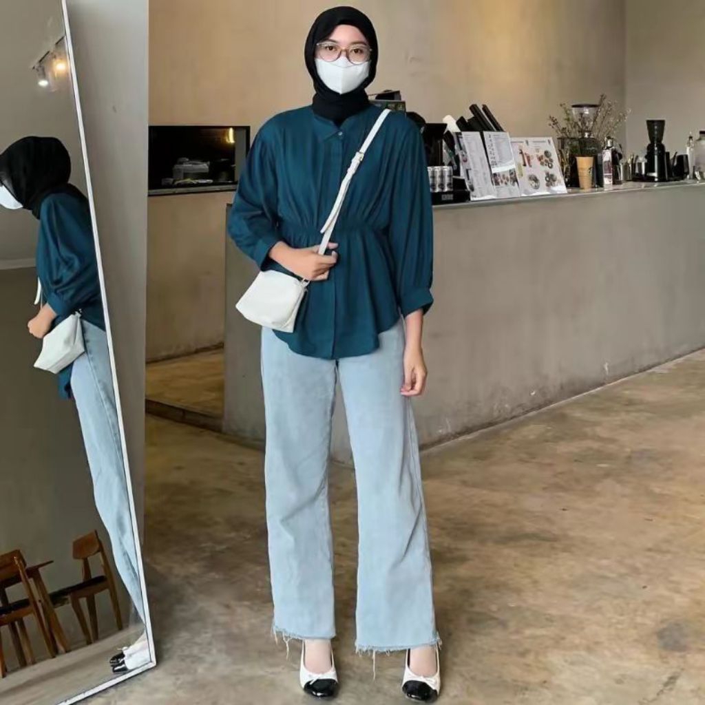 Alya shirt Kemeja wanita kerut belakang katun Rami