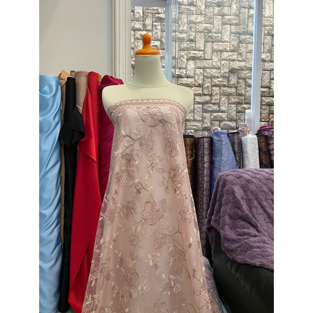 Bahan Kain Kebaya Tile Brokat Peony Series Embroidery Bordir Tumpal Tepi 2 Tone Warna Rosegold Gold