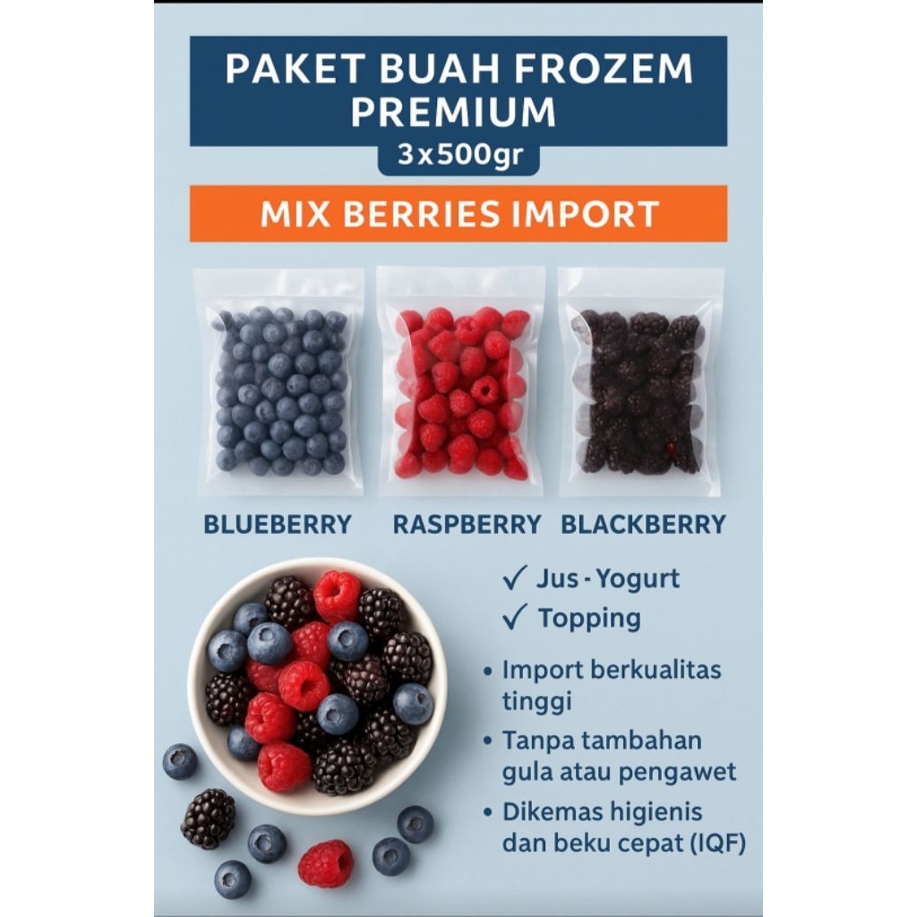 

Paket Buah Frozen Premium 3x500gr – Blueberry, Raspberry, Blackberry – Mix Berries Import untuk Jus, Yogurt, Topping